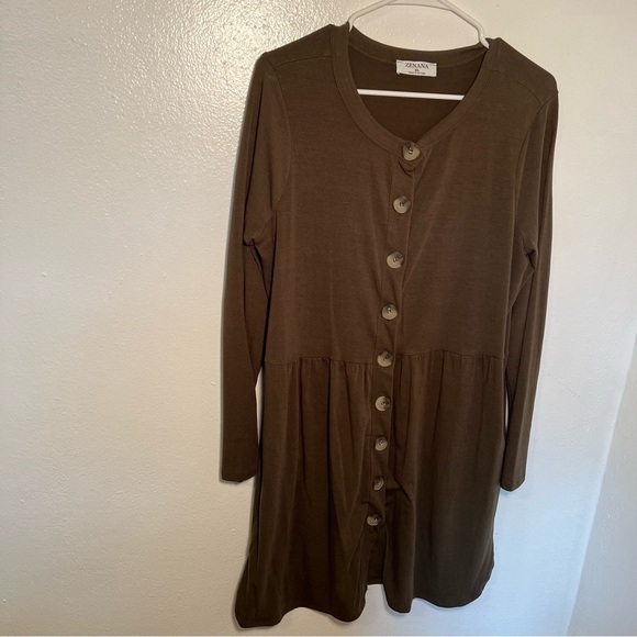 Zenana Shirred Waist Buttoned Cardigan Olive Green - Picture 3 of 12